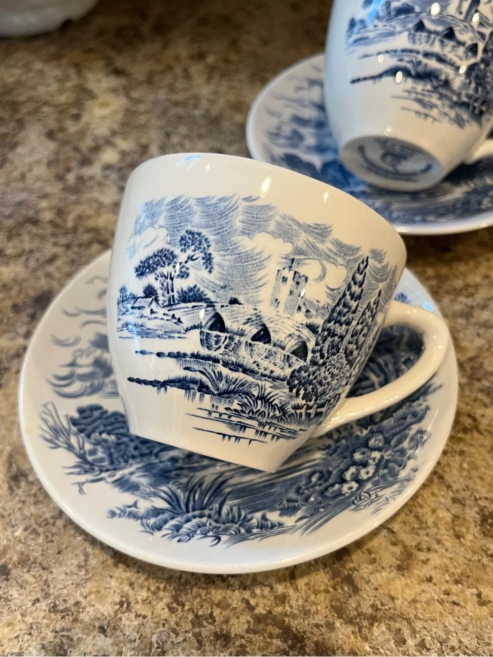 Wedgwood Countryside Teacups and Saucers Set of 2 Blue and White, England